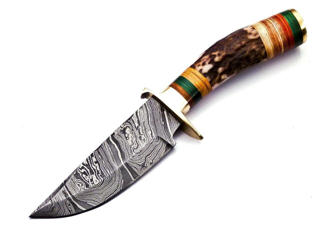 Damascus Hunting Knife with Stag Handle Brass Guard