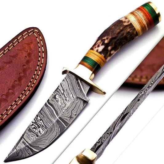 Damascus Hunting Knife with Stag Handle Brass Guard