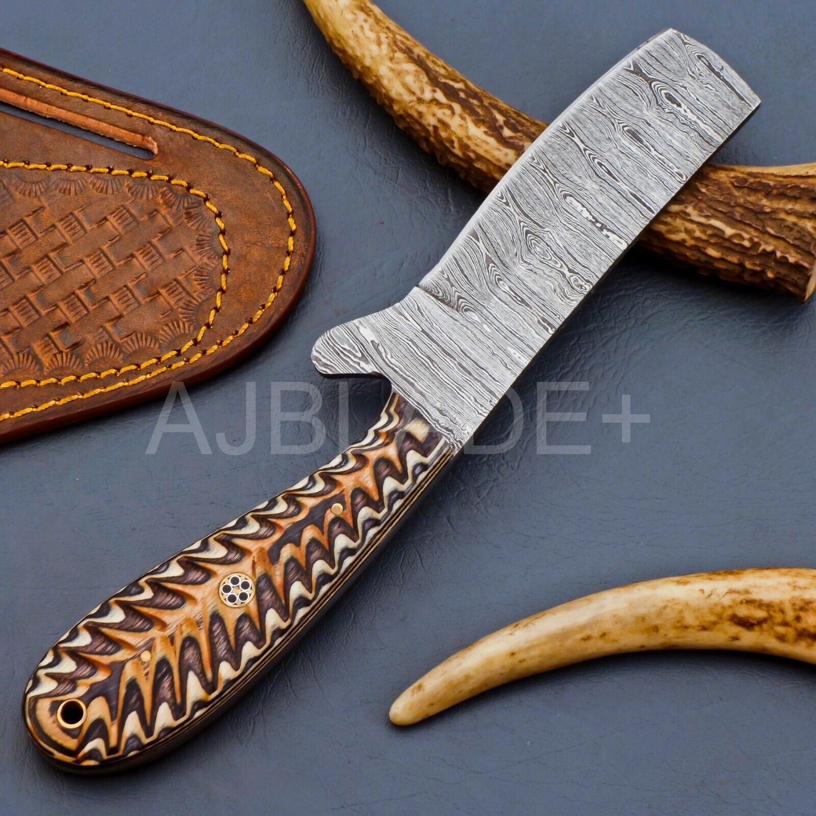 Damascus Cutter Knife with Bone Handle and Sheath