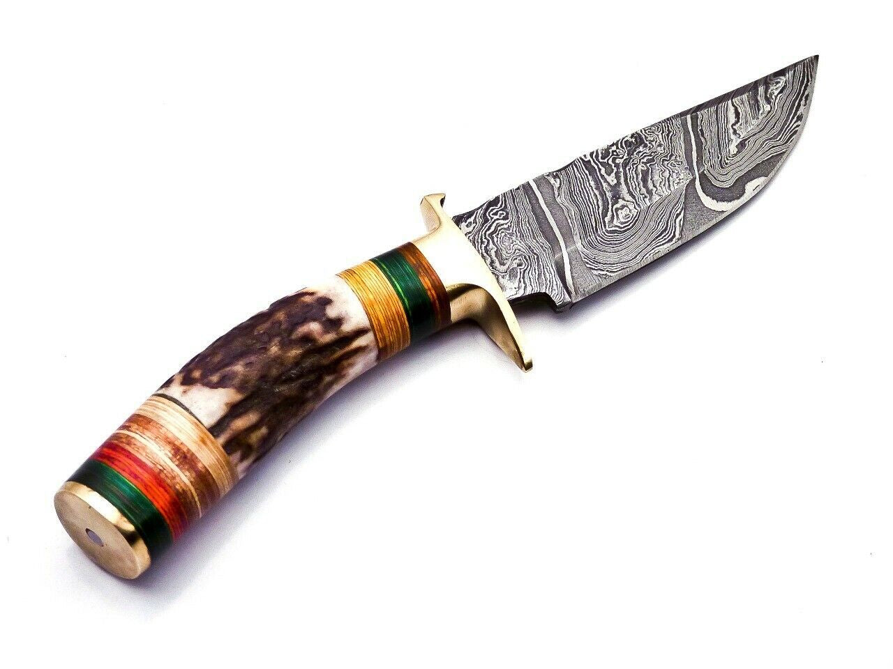 Damascus Hunting Knife with Stag Handle Brass Guard