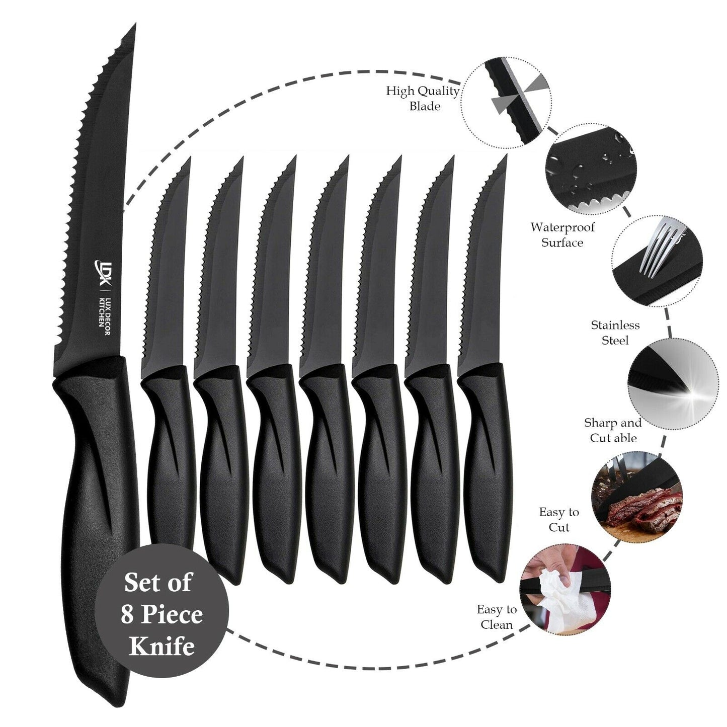 8 Piece Stainless Knife Set Professional Serrated Steak Knives Kitchen Tools USA