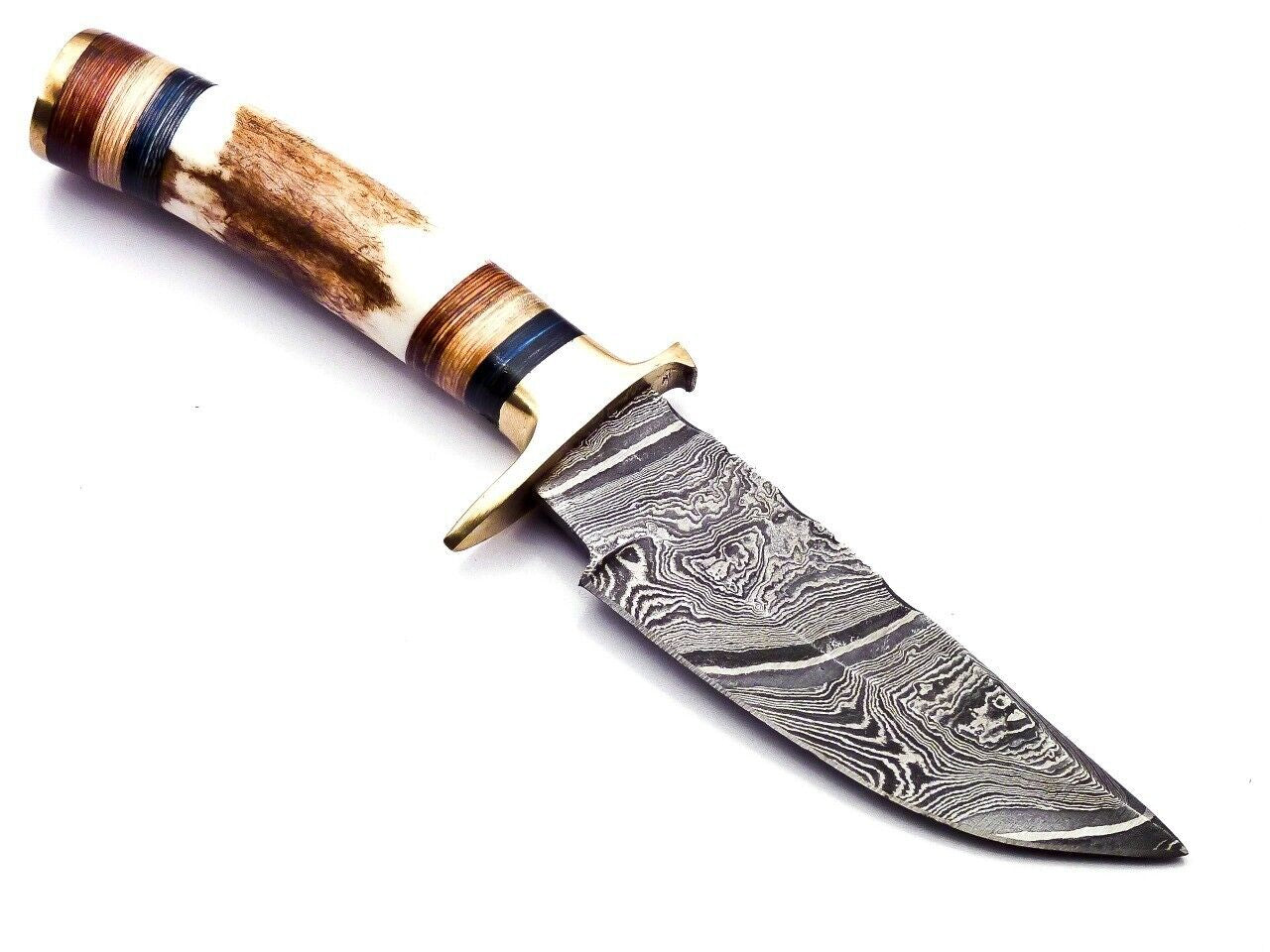 Damascus Steel Hunting Knife with Stag Handle and Brass Guard