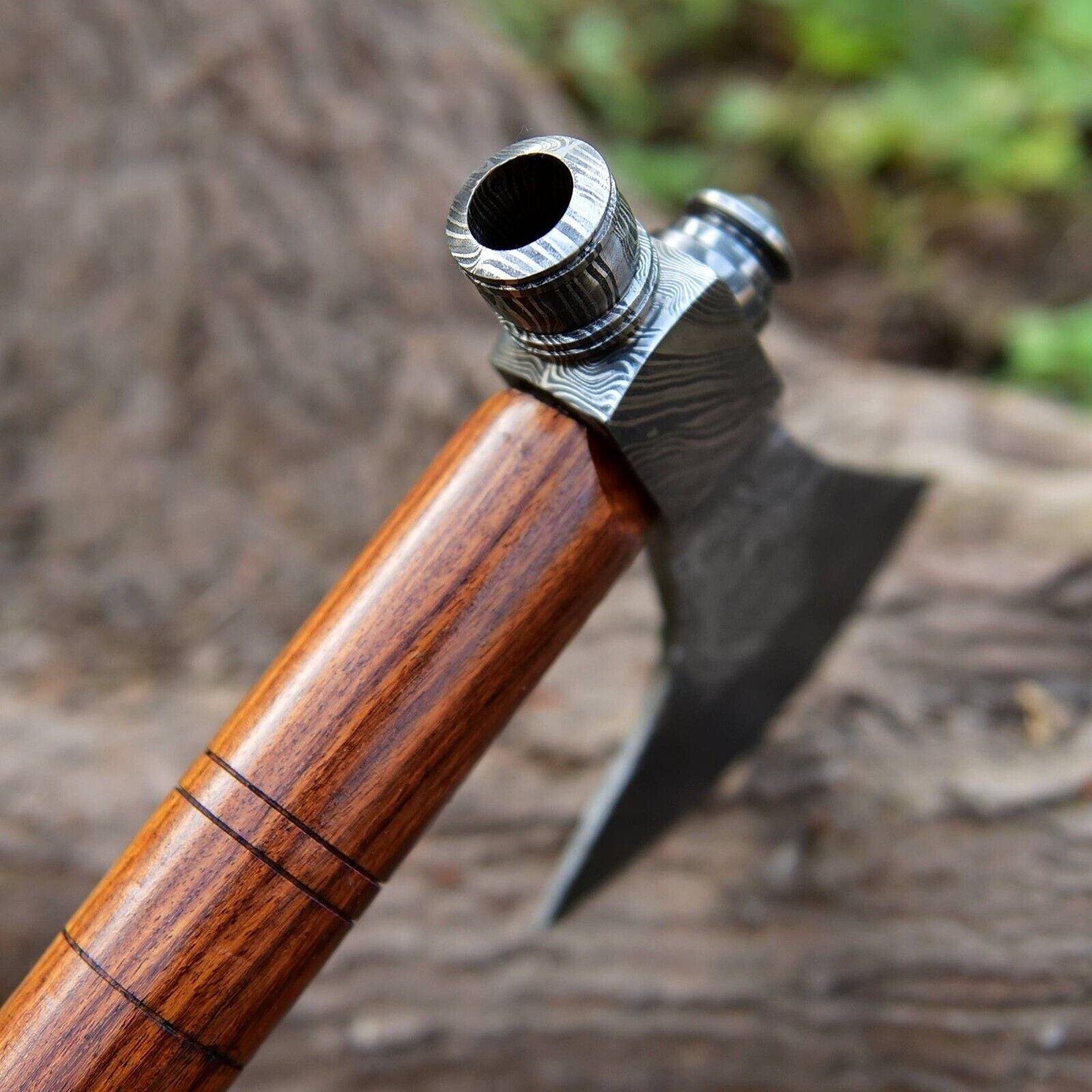 Damascus Steel Axe with Smoking Pipe and Viking Design