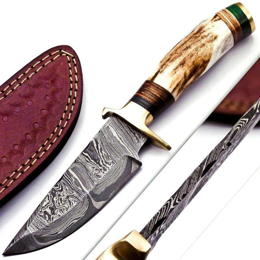 Hunting Hand Forged Knife with Damascus Steel and Brass Guard