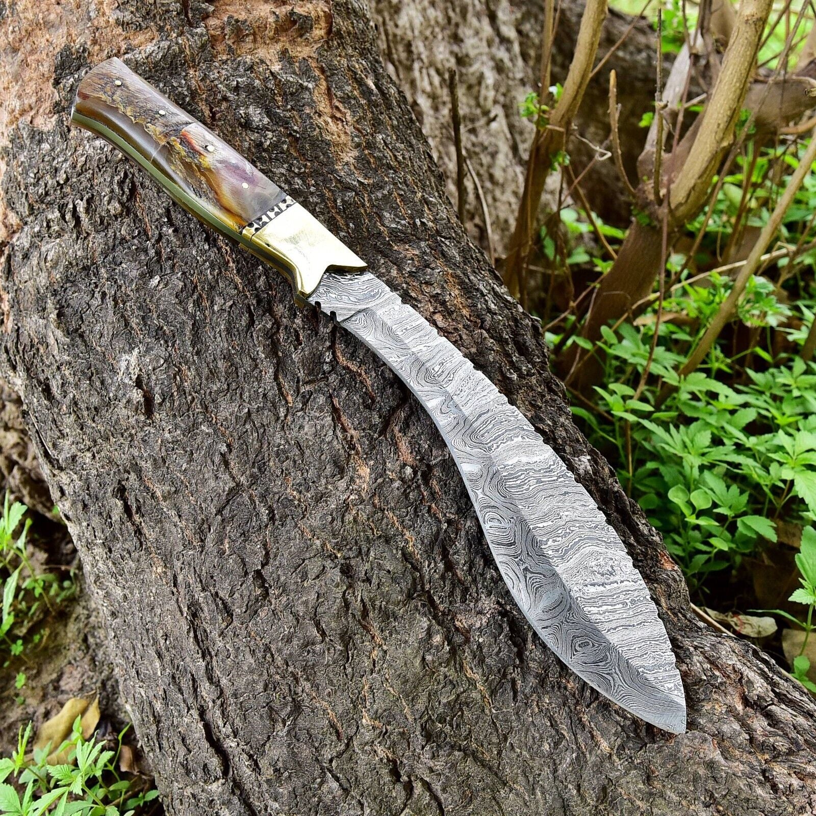 Handmade Damascus Steel Kukri Knife with Ram Horn Handle