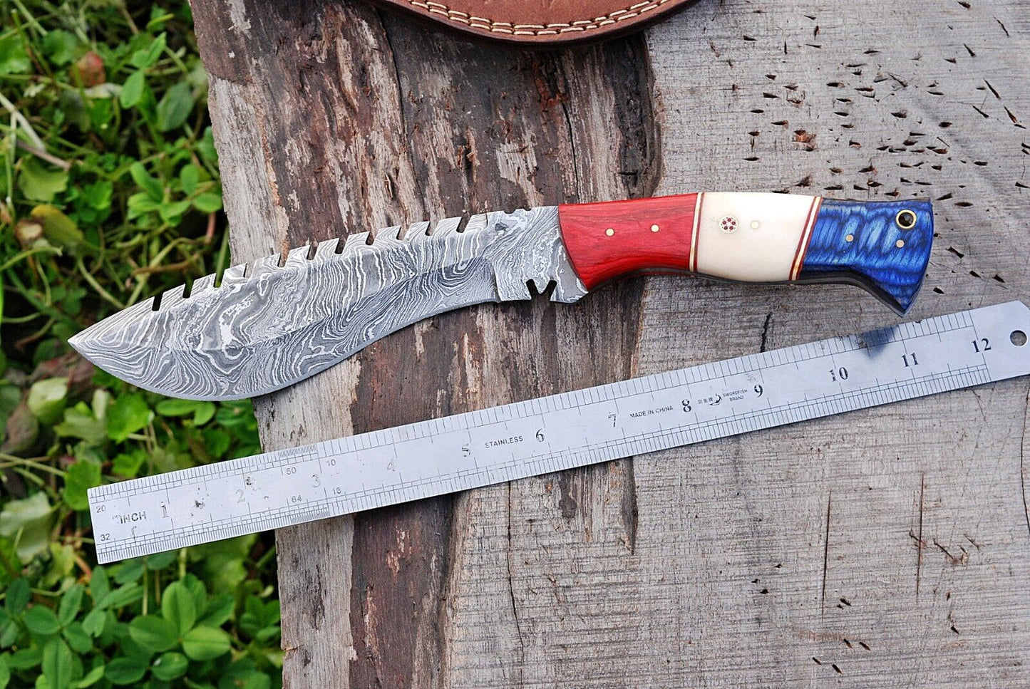 Custom Forged Damascus Steel Kukri Knife with Bone Handle