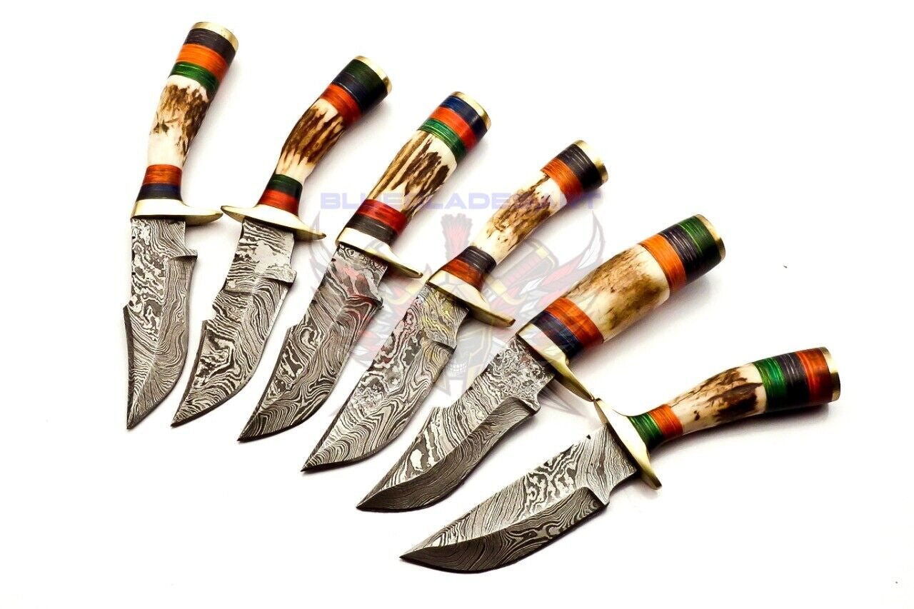 Custom Handmade Damascus Steel Knife Set with Deer Antler Handle