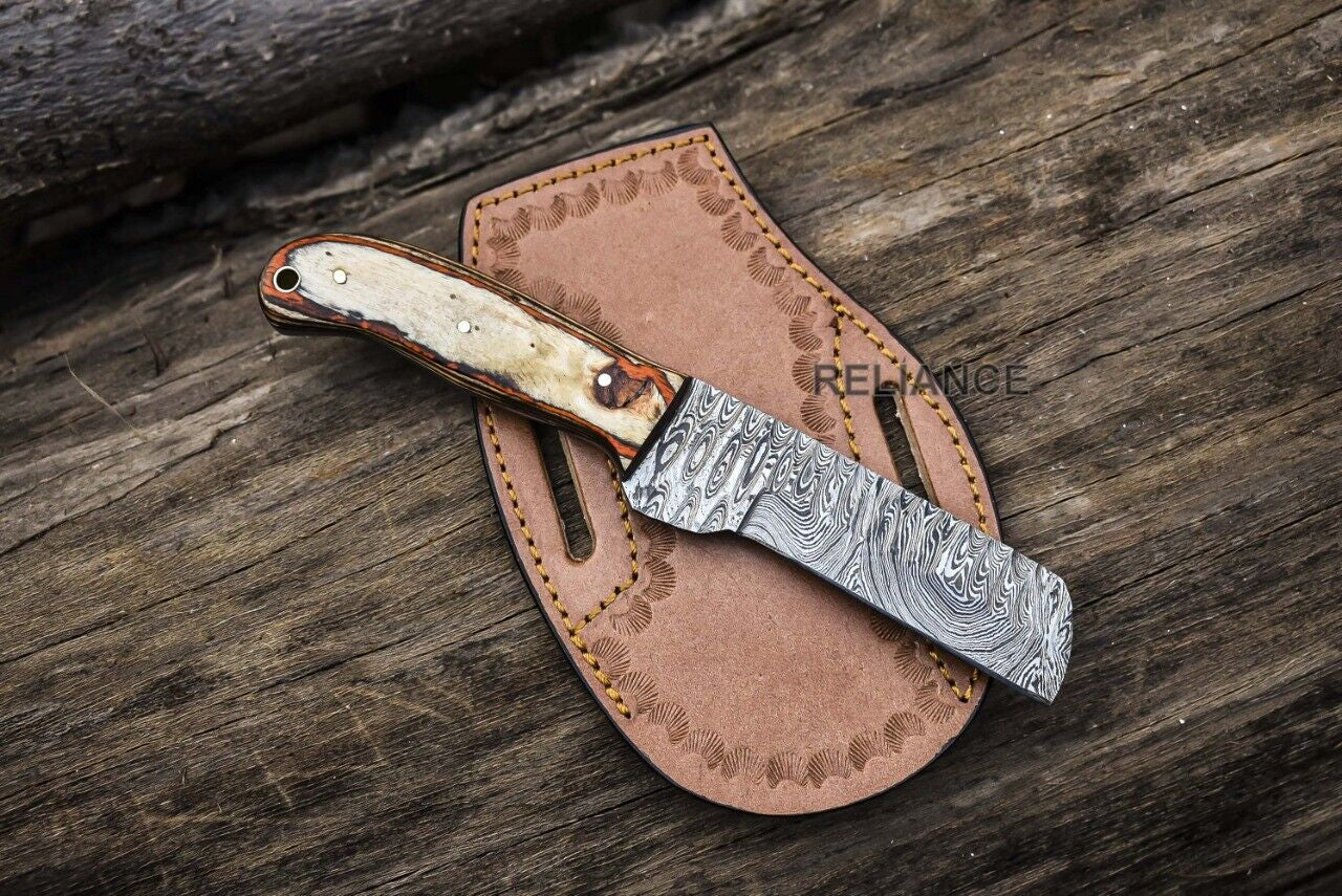 Hand-Forged Damascus Bull Cutter Knife - Cowboy Style EDC with Leather Sheath