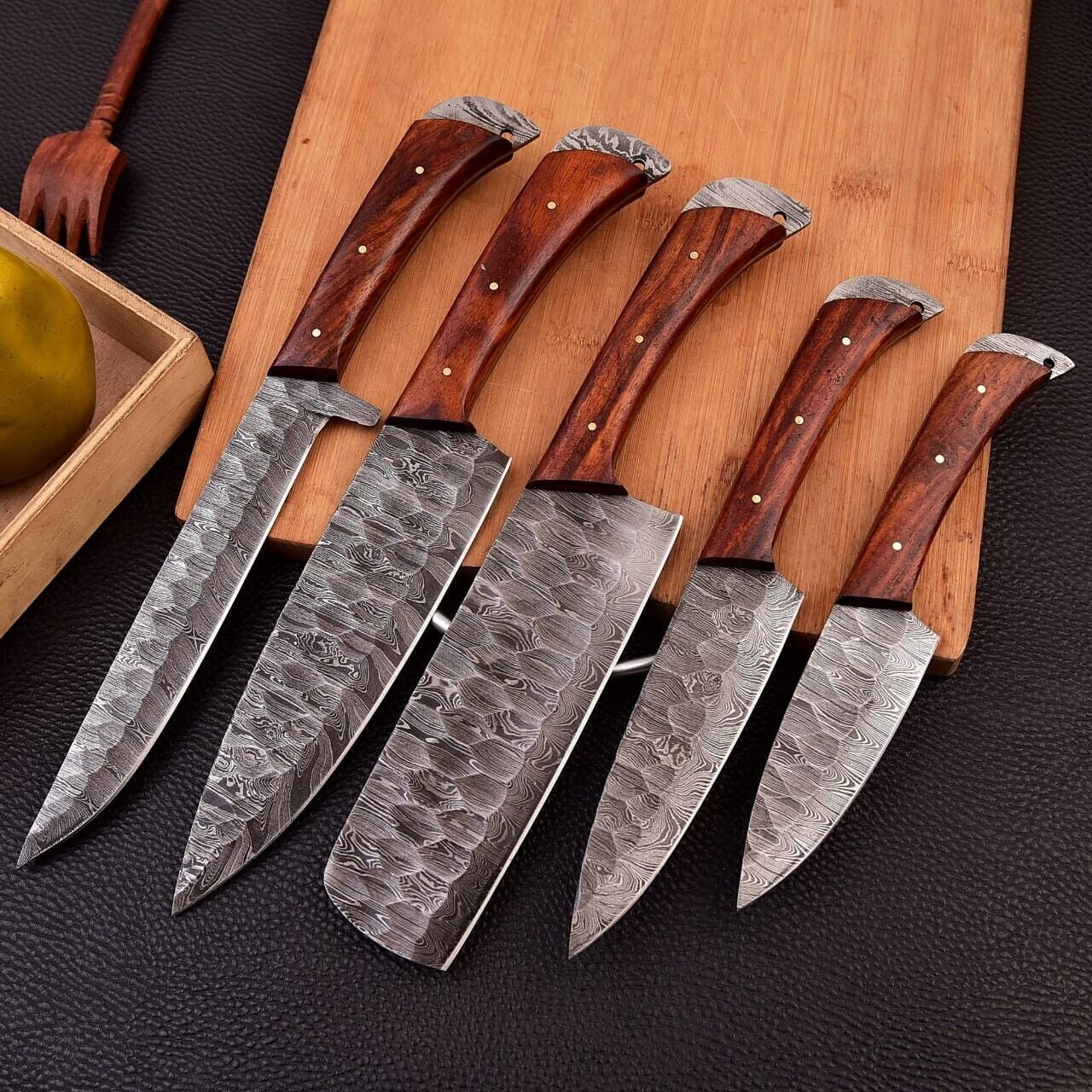 5-Piece Damascus Steel Chef Knife Set - Wood Handle Kitchen Knife Set