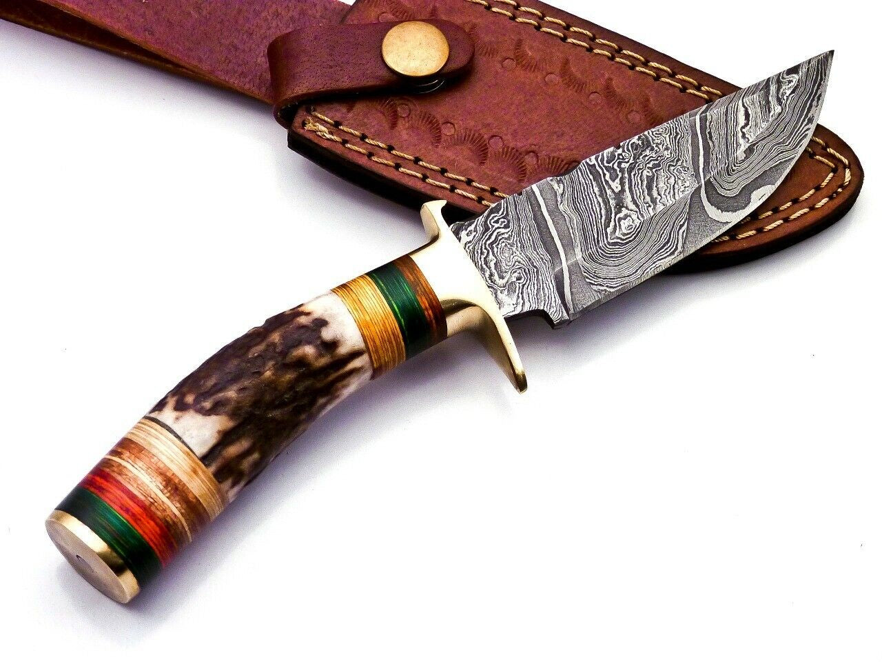 Damascus Hunting Knife with Stag Handle Brass Guard