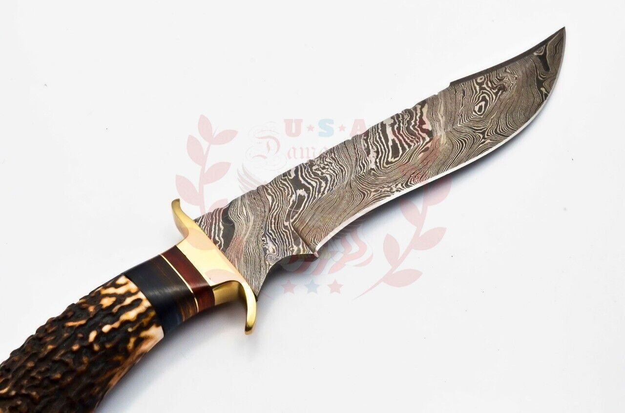 Handmade Damascus Steel Bowie Knife with Deer Antler Handle