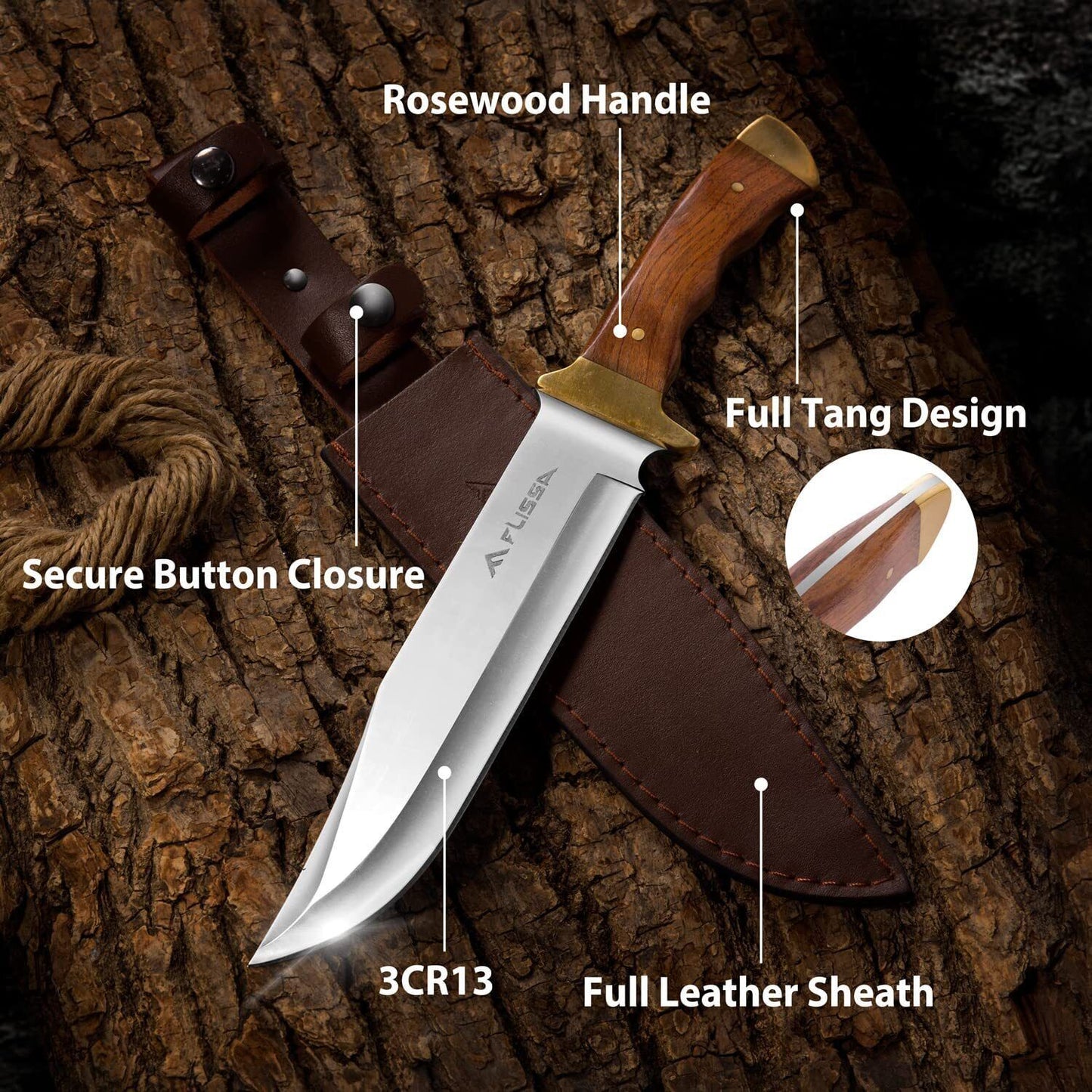 Flissa Hunting Bowie Knife with Full Tang Survival Blade