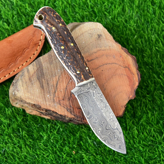 Damascus Hunting Knife with Deer Stag Handle