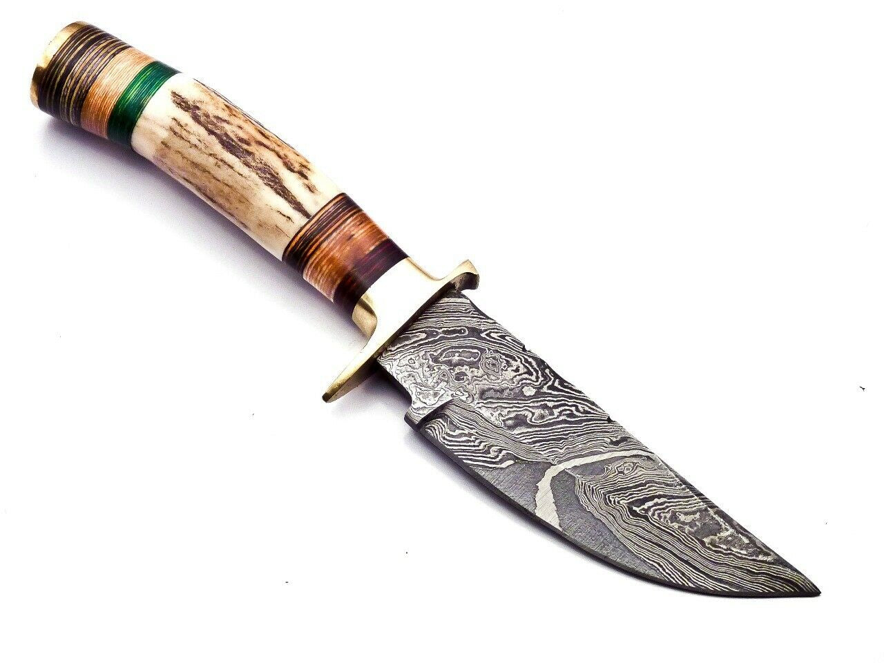 Damascus Steel Hunting Knife with Stag Handle and Brass Guard