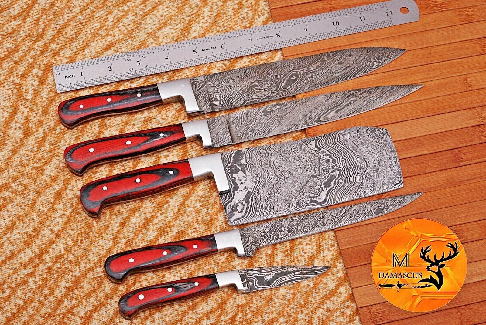 Custom Damascus Steel Chef Knife Set - Wood Handle Kitchen Knife Set