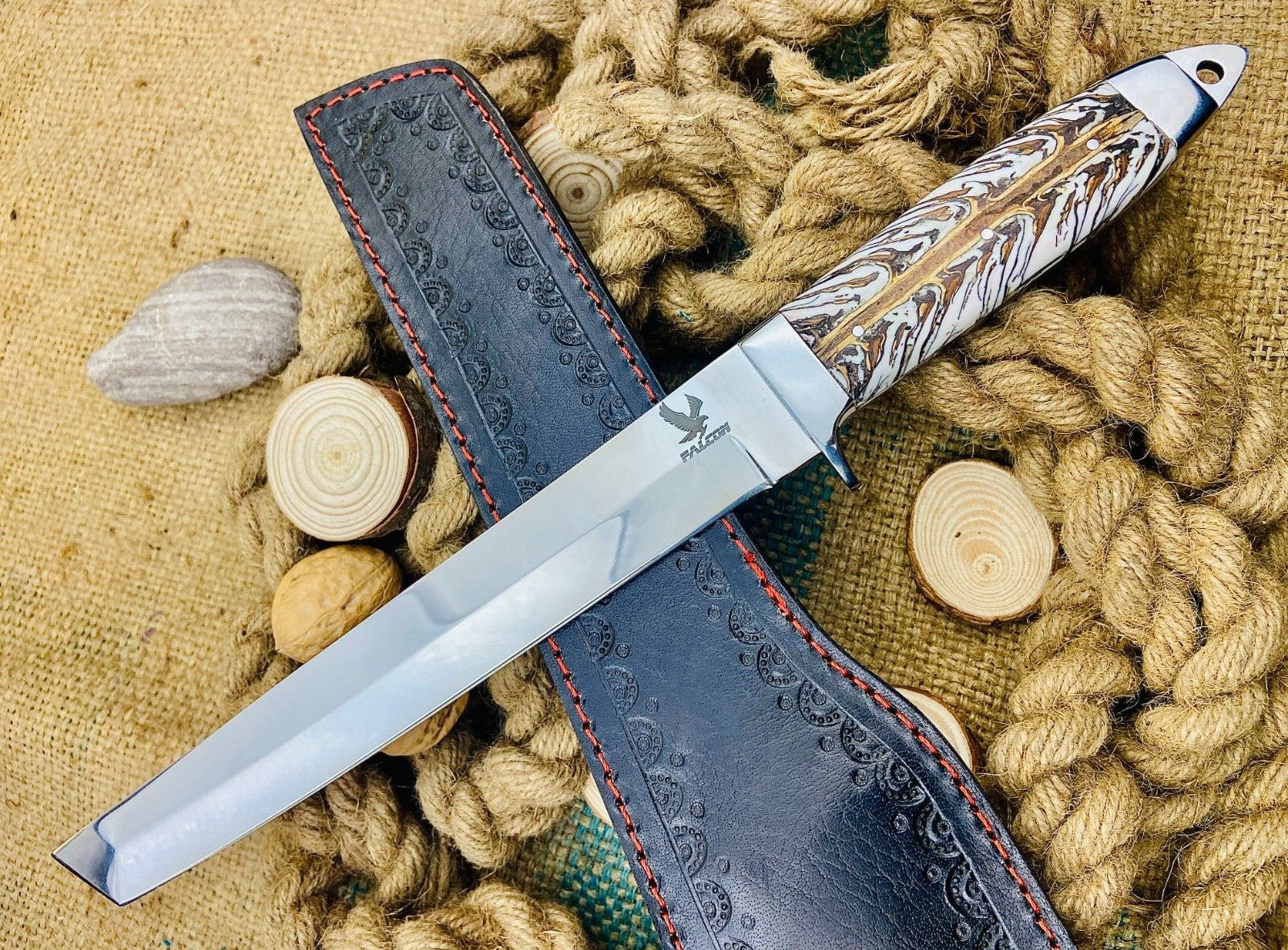 Custom Handmade Tanto Knife with High Polish Carbon Steel Blade