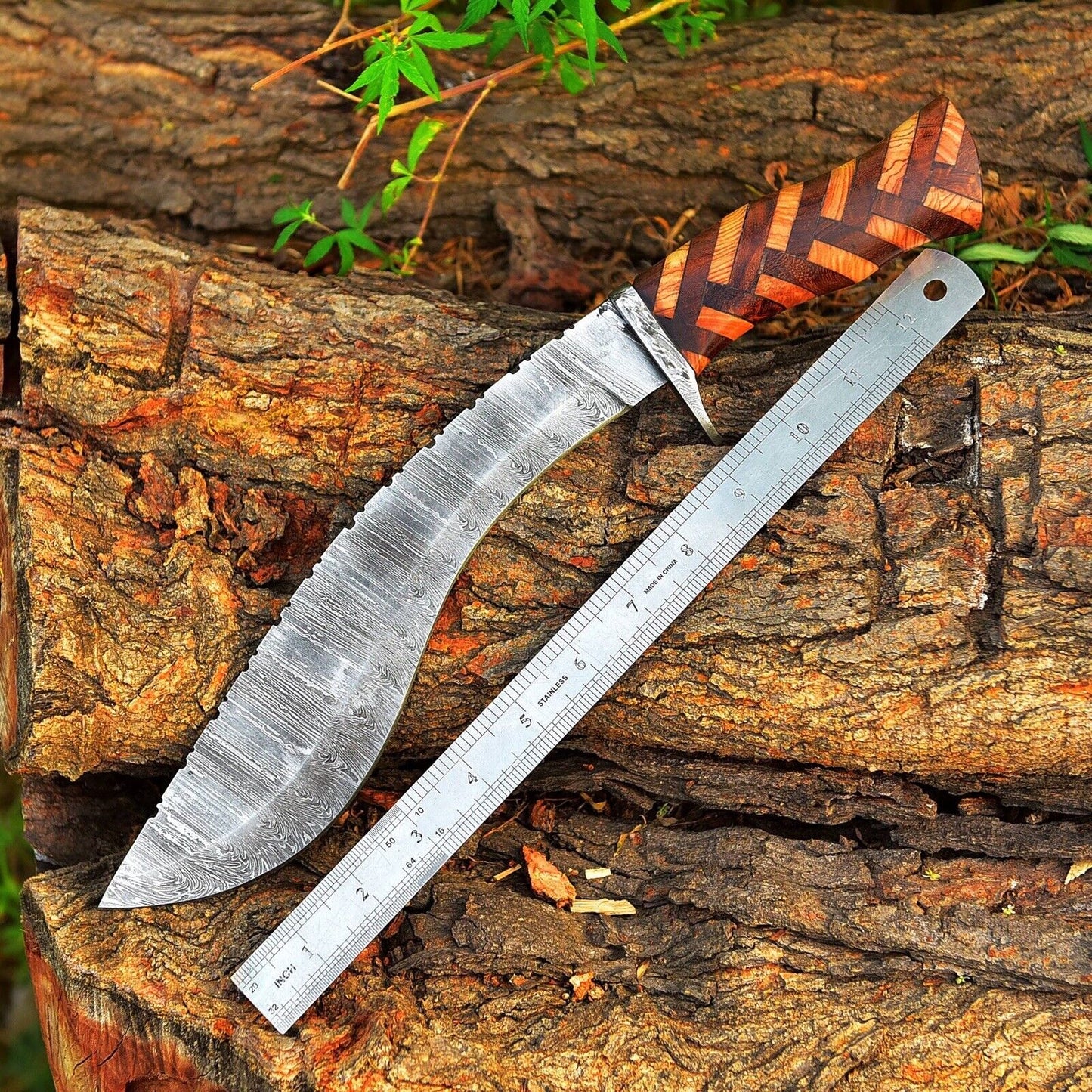 Custom Handmade Twist Damascus Steel Kukri Knife with Wood Handle