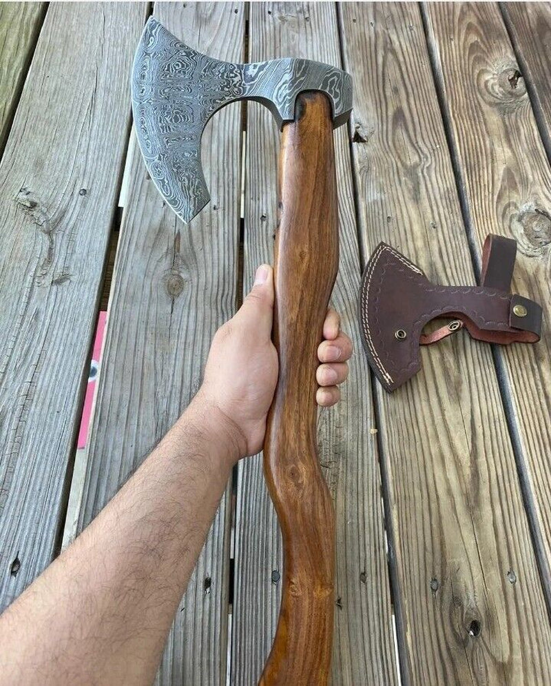 Hand-Forged Damascus Steel Axe with Sheath for Camping