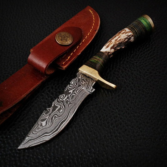 Damascus Skinner Knife with Stag Knife Handle