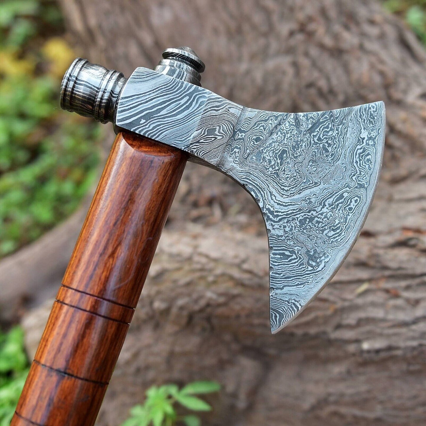 Damascus Steel Axe with Smoking Pipe and Viking Design