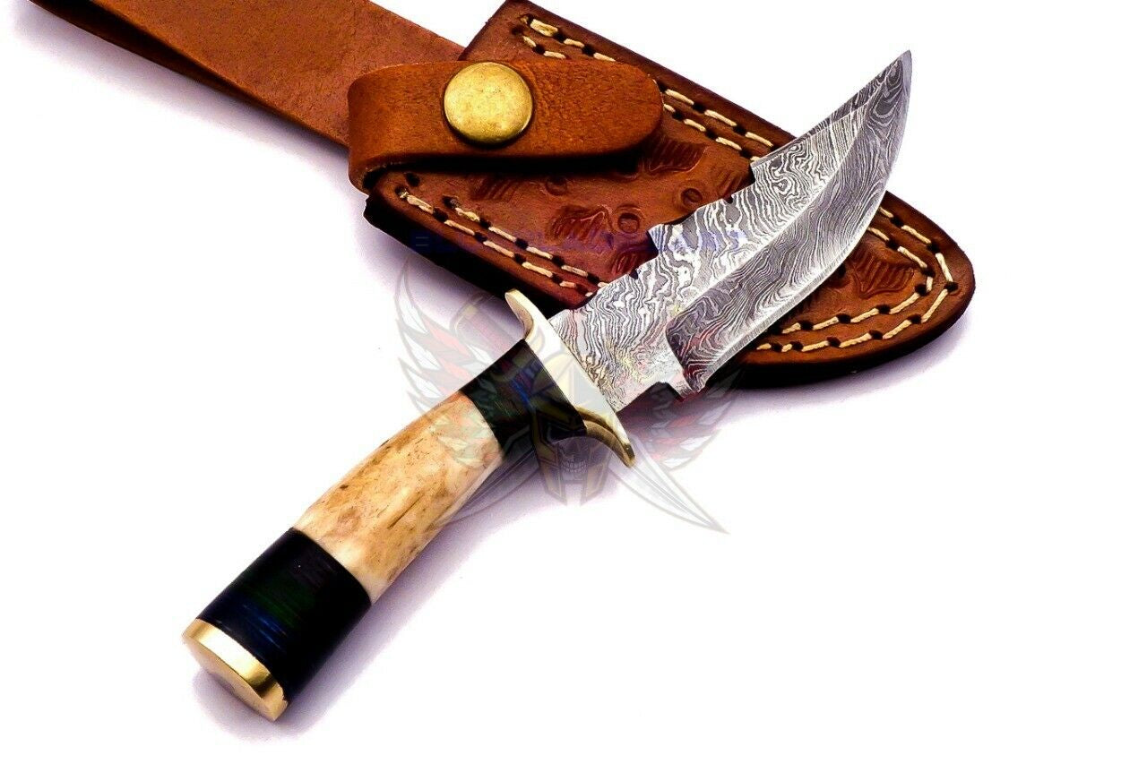 Custom Hand Forged Damascus Steel Bowie Knife with Deer Antler Handle