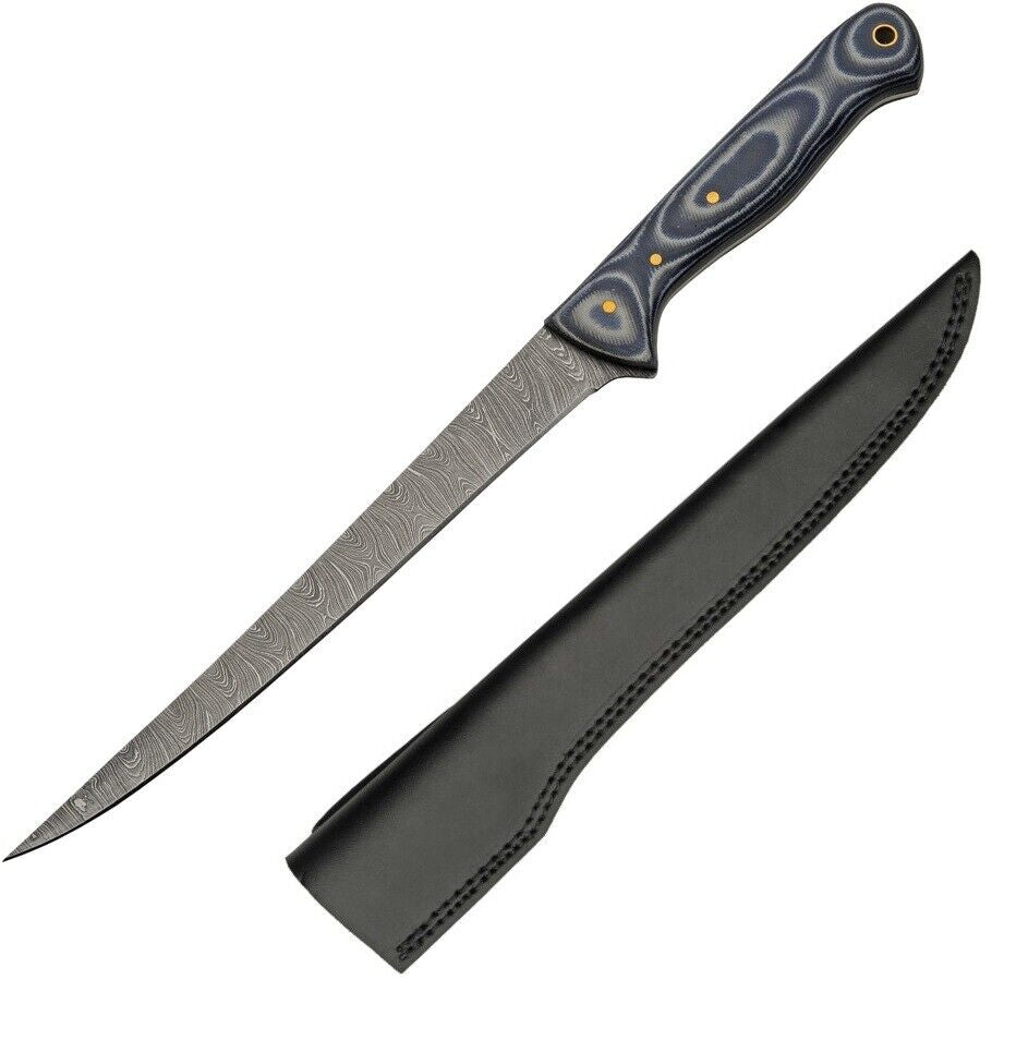 Damascus Fish Fillet Knife with Blue Micarta Handle