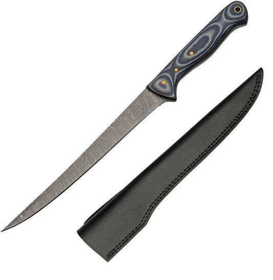 Damascus Fish Fillet Knife with Blue Micarta Handle