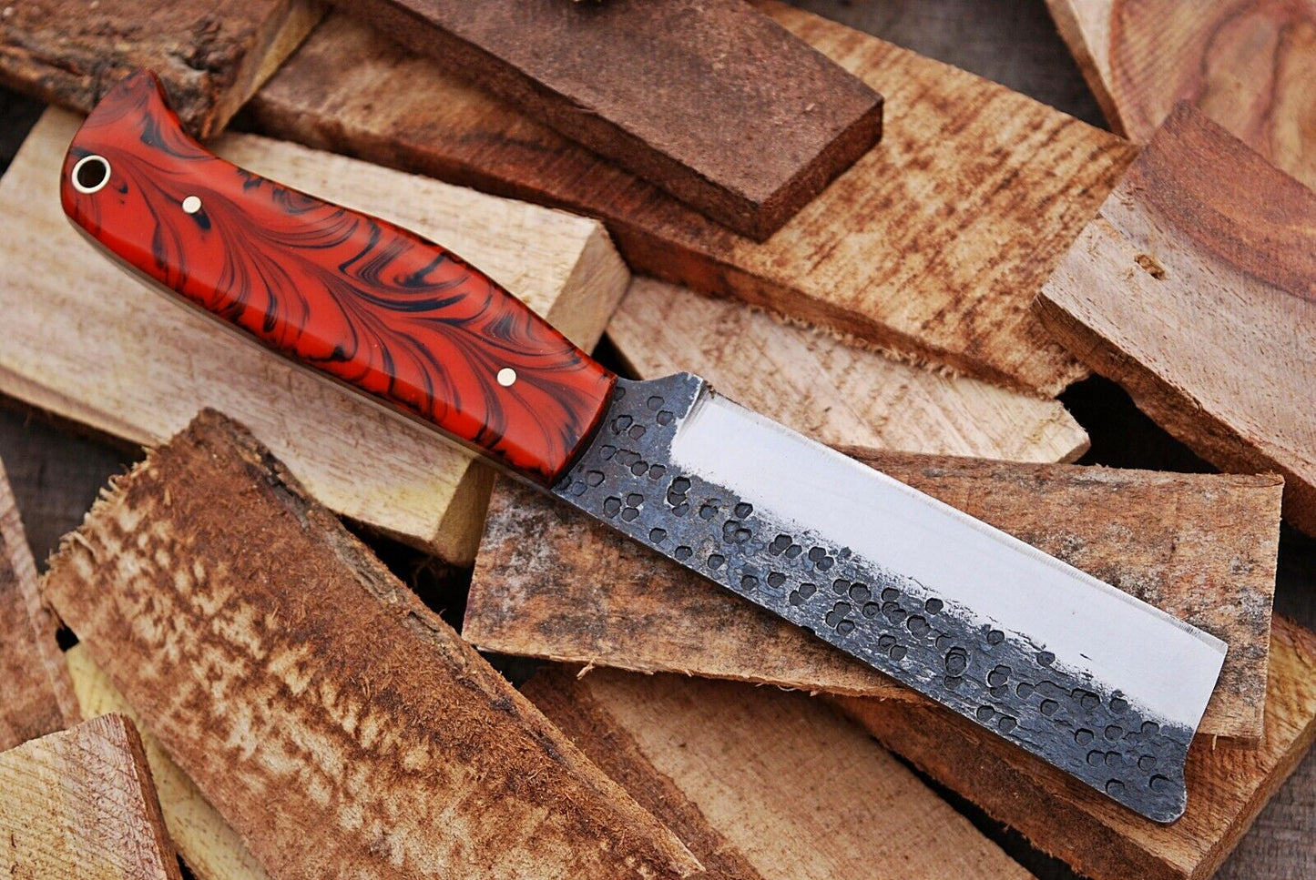 Damascus Bull Cutter Knife - Hand-Forged Cowboy Knife with Resin Handle