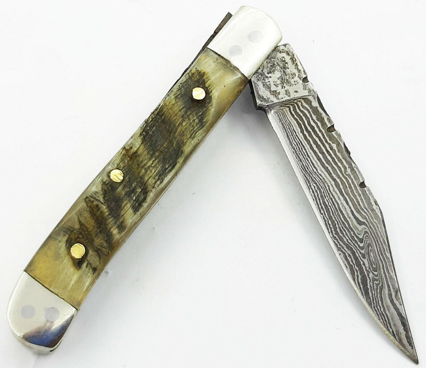 Damascus Folding Mini Pocket Knife with Ram Horn