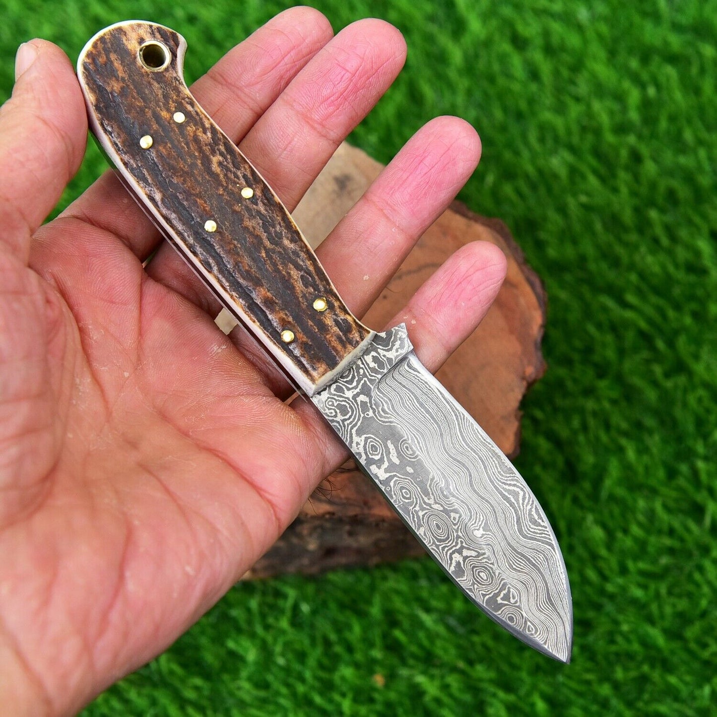 Damascus Hunting Knife with Deer Stag Handle