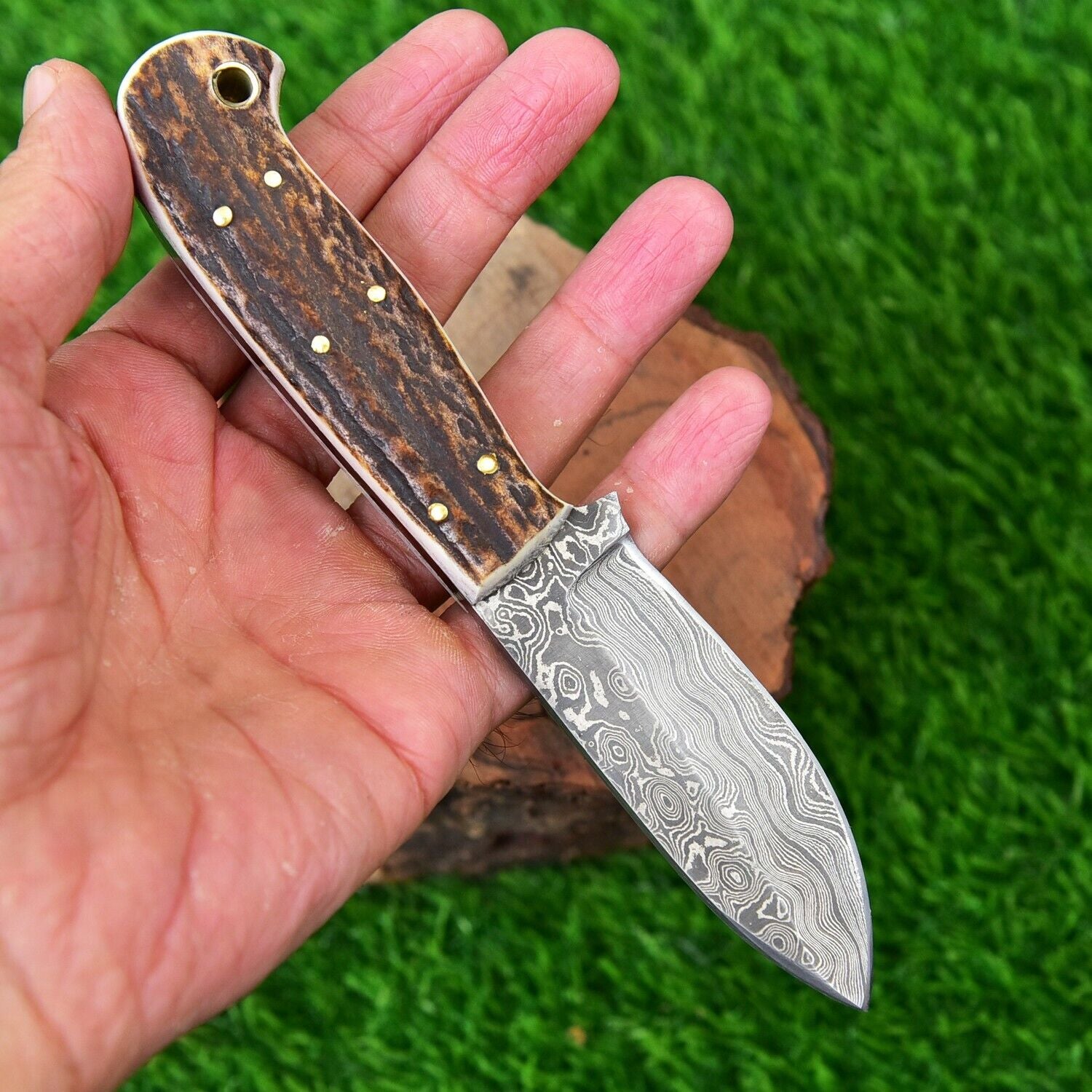 Damascus Hunting Knife with Deer Stag Handle