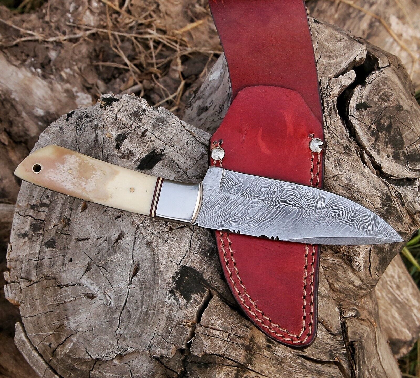 Damascus Knife with Full Tang and Camel Bone Handle