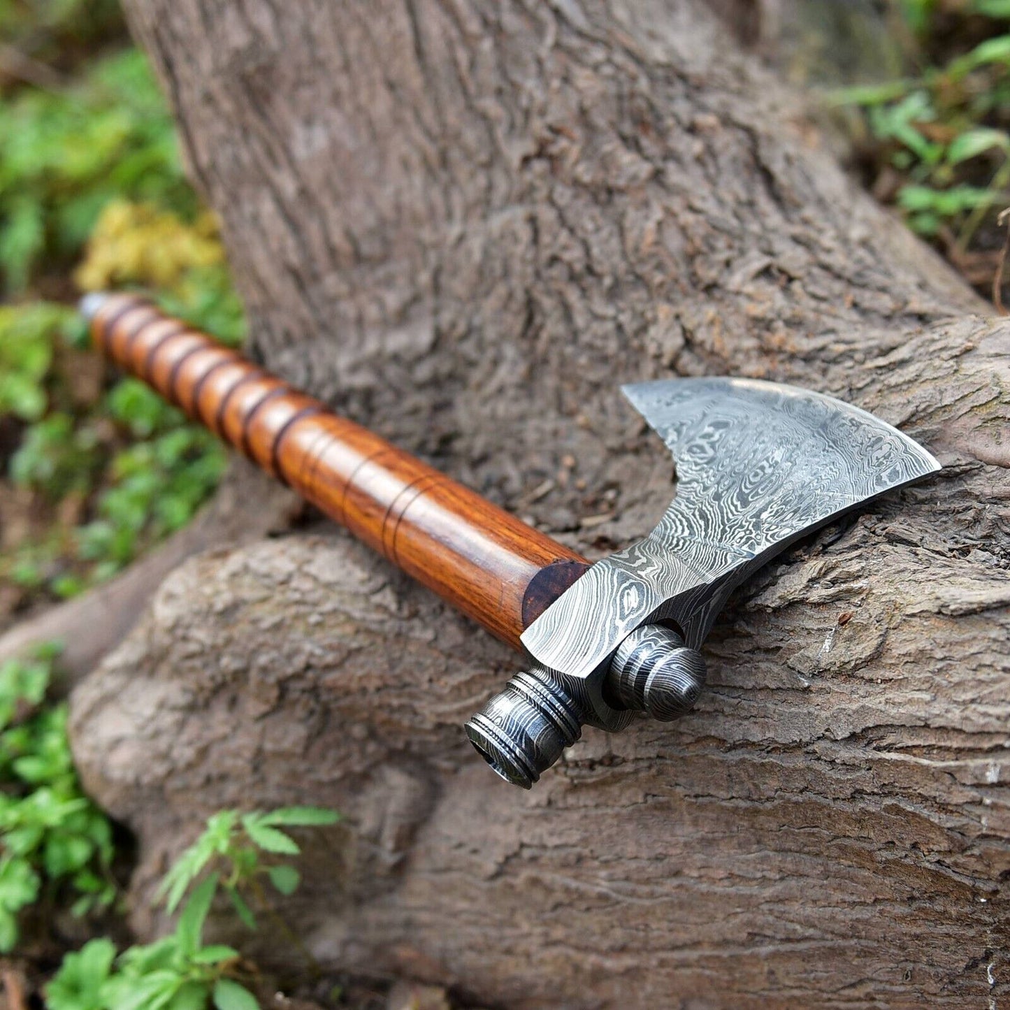 Damascus Steel Axe with Smoking Pipe and Viking Design