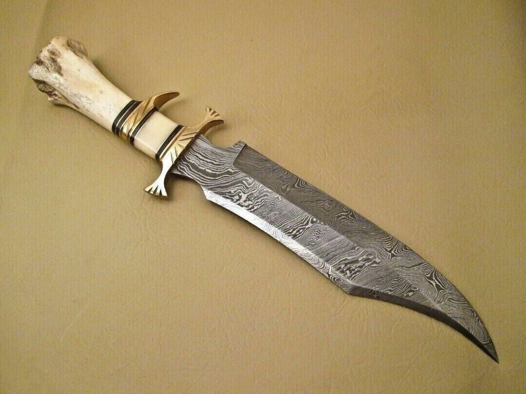 Custom Damascus Steel Bowie Knife with Camel Bone Handle