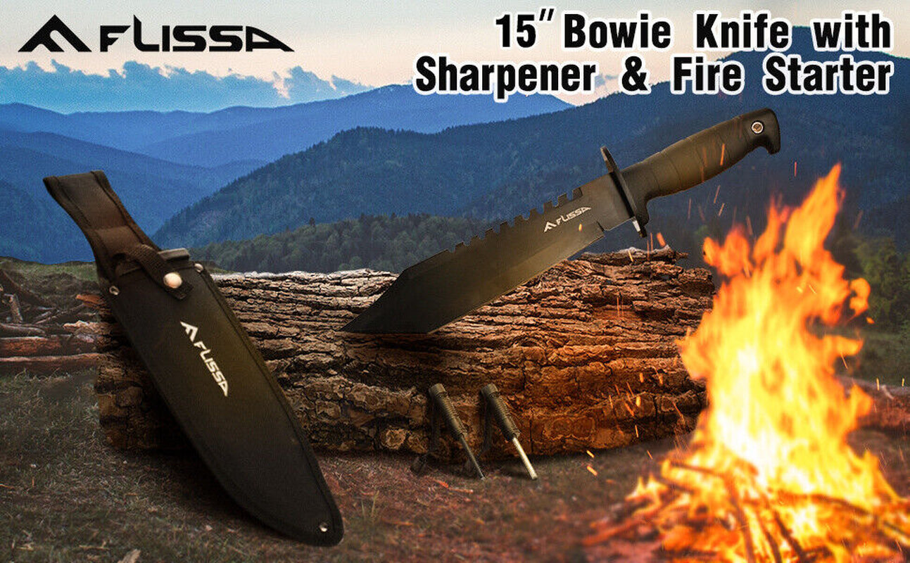 Flissa Tactical Bowie Knife with Fixed Blade and Fire Starter