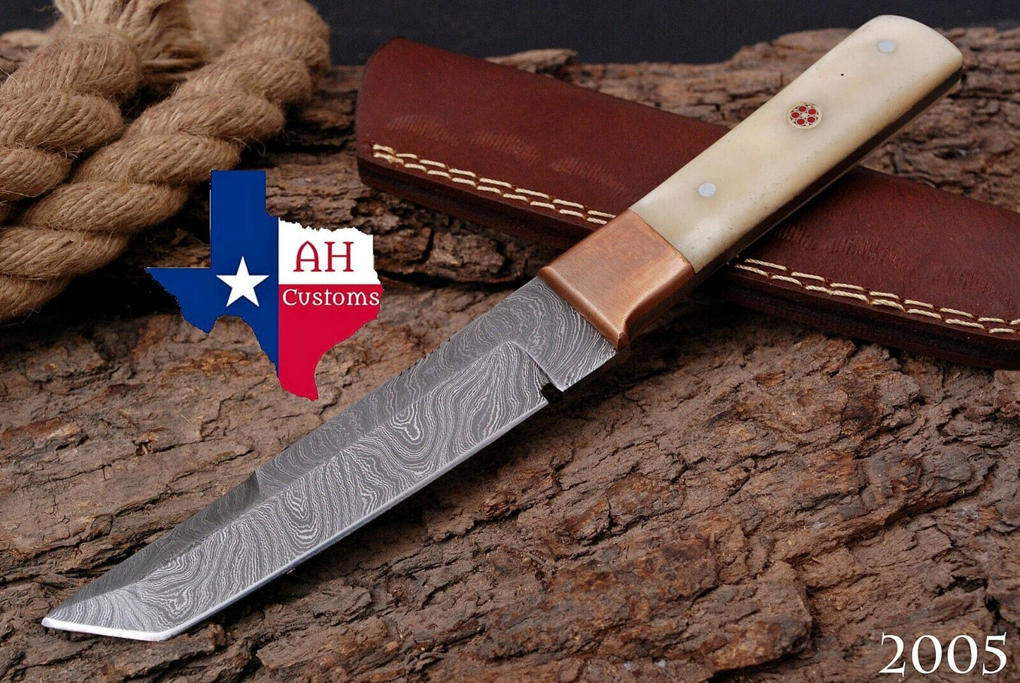 Damascus Knife with Bone Handle and Sheath