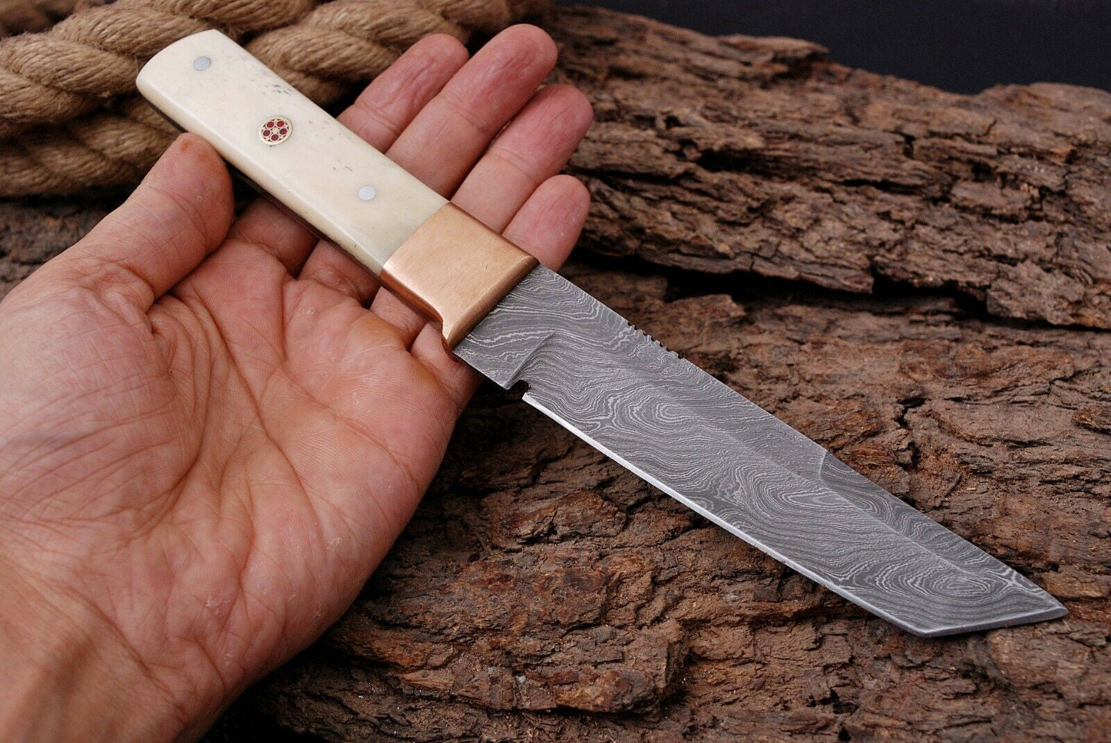 Damascus Knife with Bone Handle and Sheath