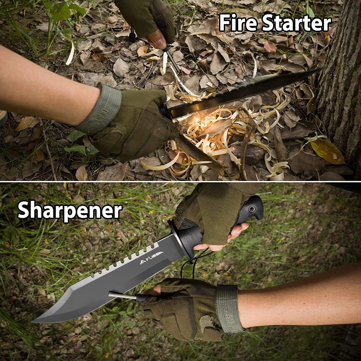 Flissa Tactical Bowie Knife with Fixed Blade and Fire Starter