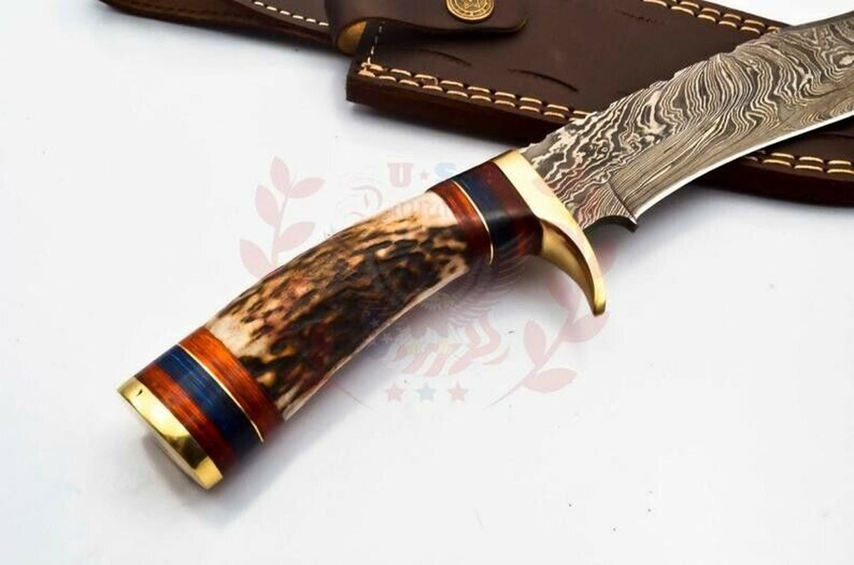 Custom Damascus Steel Bowie Knife with Deer Antler Handle