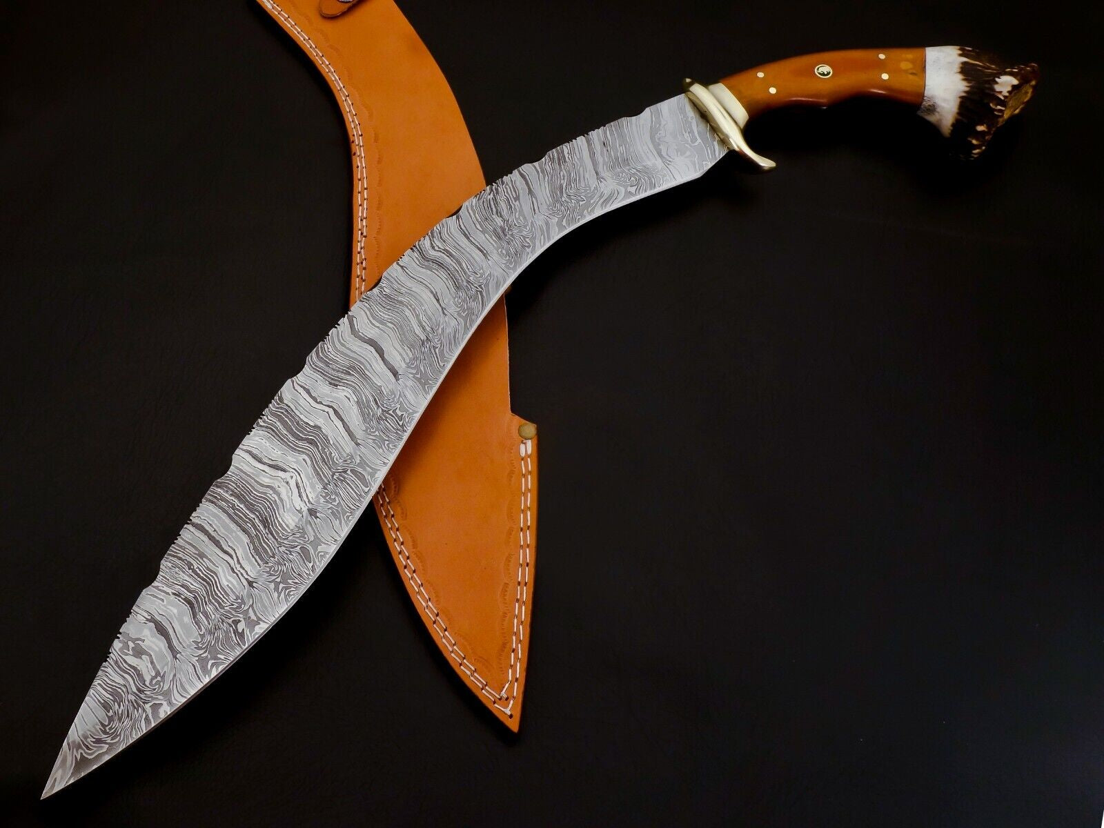 Custom Handmade Damascus Steel Kukri Knife with Crown Handle and Sheath