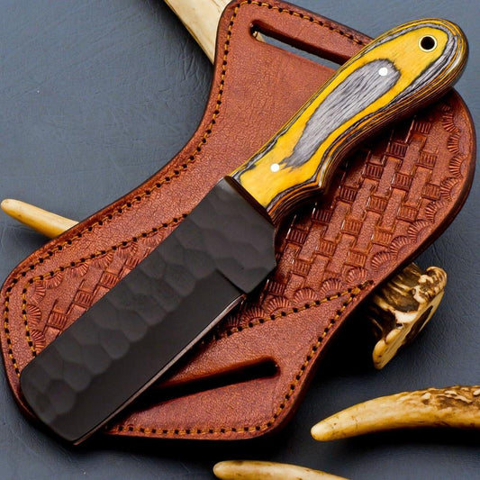 Carbon Steel Bull Cutter Knife - Hand-Forged Railroad Cowboy Knife with Wood Handle