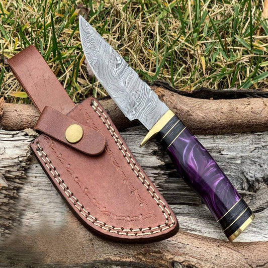 Custom Damascus Hunting Knife with Purple Resin and Brass Guard