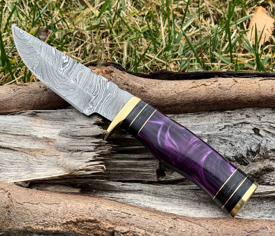 Custom Damascus Hunting Knife with Purple Resin and Brass Guard