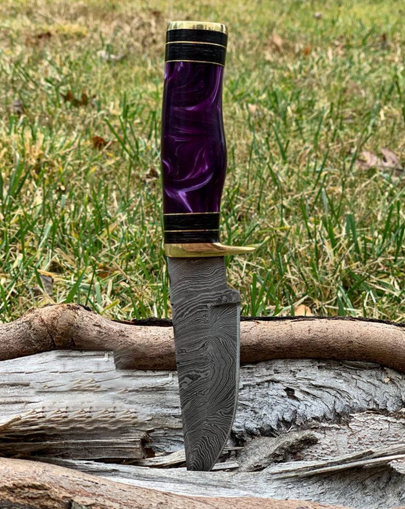 Custom Damascus Hunting Knife with Purple Resin and Brass Guard