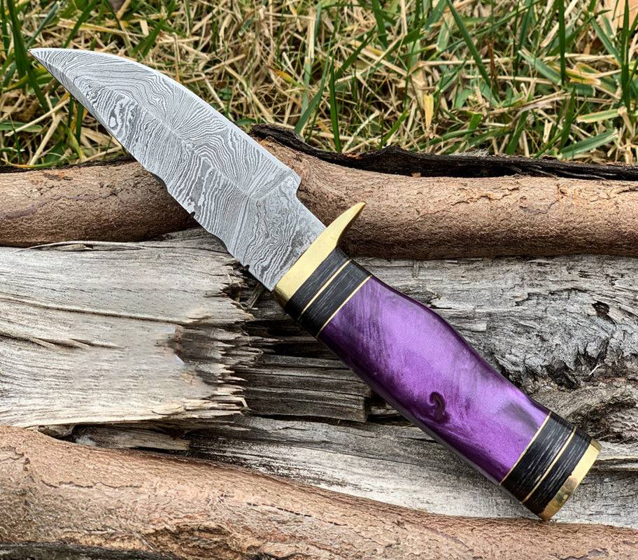 Custom Damascus Hunting Knife with Purple Resin and Brass Guard