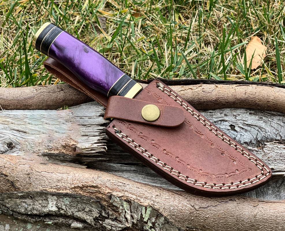 Custom Damascus Hunting Knife with Purple Resin and Brass Guard