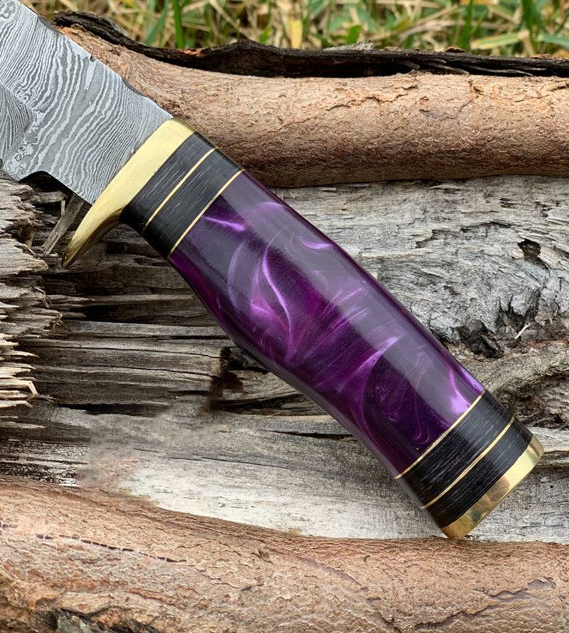 Custom Damascus Hunting Knife with Purple Resin and Brass Guard