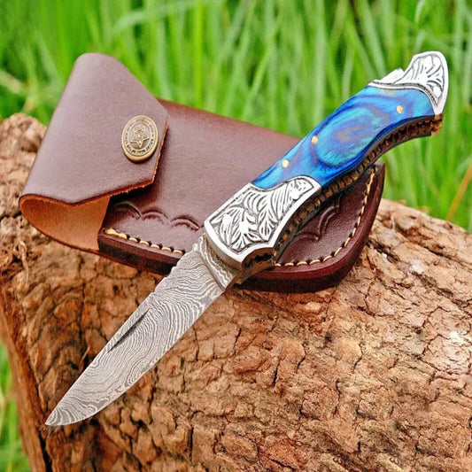 Custom Damascus Folding Pocket Knife for Camping