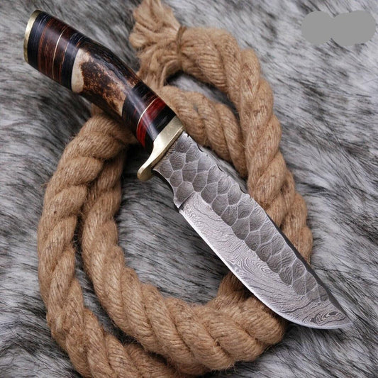 Custom Damascus Steel Deer Skinning Knife with Stag Handle