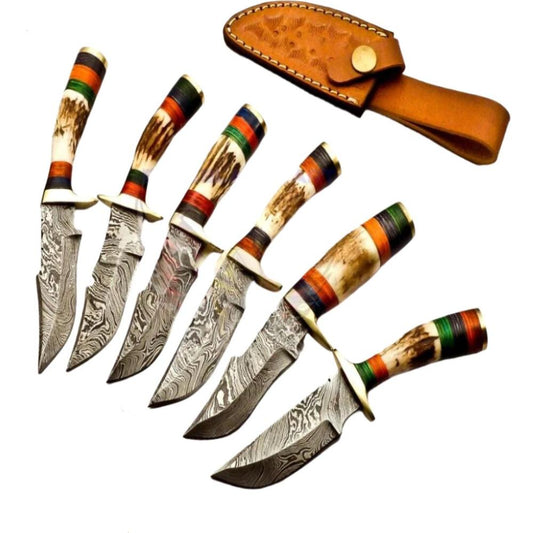 Custom Handmade Damascus Steel Knife Set with Deer Antler Handle